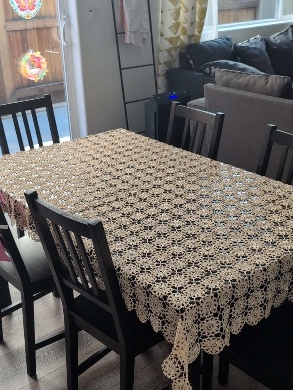 Vintage Dark Cream Crochet Tablecloth Medallion Lace Design